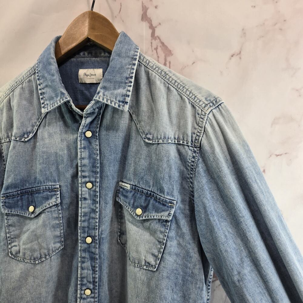 Pepe Jeans Shirt Mens Medium Blue Button Up Carson Long Tie Dye Chambray - Picture 12 of 13